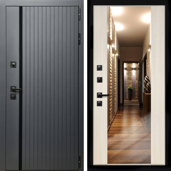 Входная дверь Агат Графит  (Графит, черное стекло) + Зеркало СБ-16 сандал белый