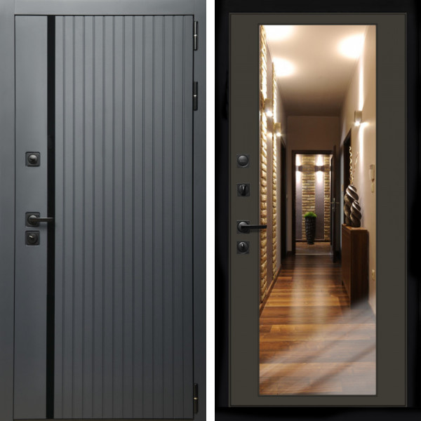 Входная дверь Агат Графит  (Графит, черное стекло) + Зеркало венге