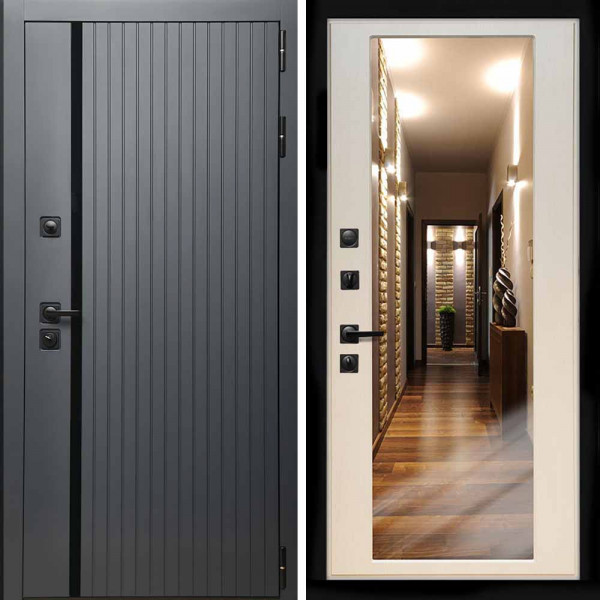 Входная дверь Интеко Агат графит с зеркалом беленый дуб