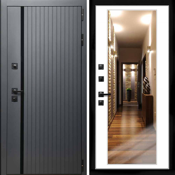 Входная дверь Интеко Агат графит с зеркалом белый софт