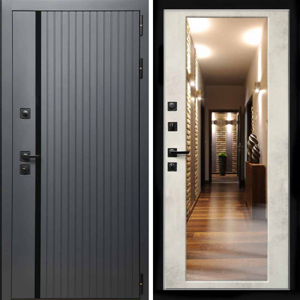 Входная дверь Интеко Агат графит с зеркалом бетон светлый