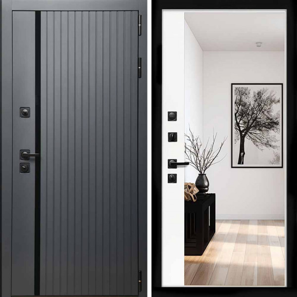 Входная дверь Интеко Агат графит с зеркалом Панорама белый софт