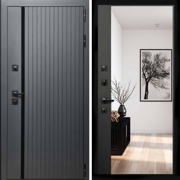 Входная дверь Интеко Агат графит с зеркалом панорама Черный кварц