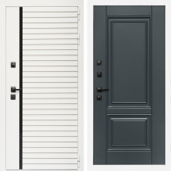 Входная дверь Агата Вайт  (Бел мат, черное стекло) + ФЛ-117 с полосками графит