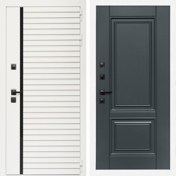 Входная дверь Агата Вайт  (Бел мат, черное стекло) + ФЛ-117 с полосками графит