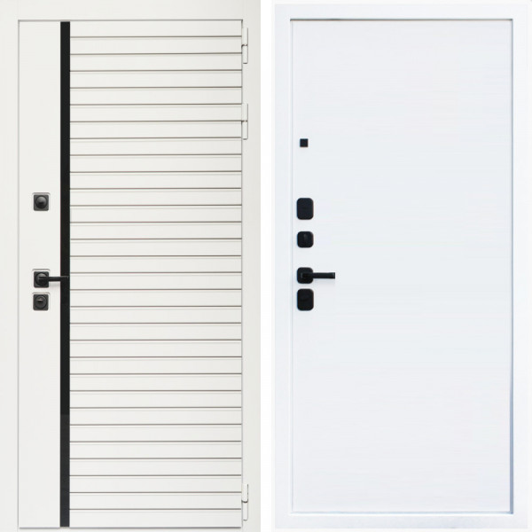 Входная дверь Агата Вайт  (Бел мат, черное стекло) + Гладкая белый матовый