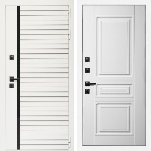 Входная дверь Агата Вайт  (Бел мат, черное стекло) + Классика белый матовый