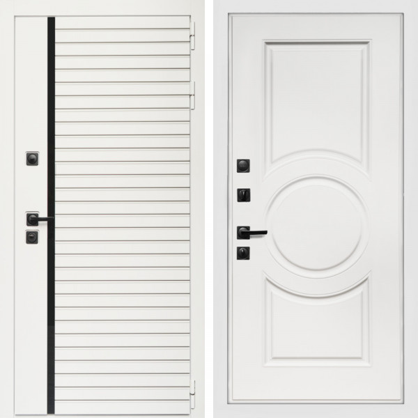 Входная дверь Агата Вайт  (Бел мат, черное стекло) + МС-100 белый матовый