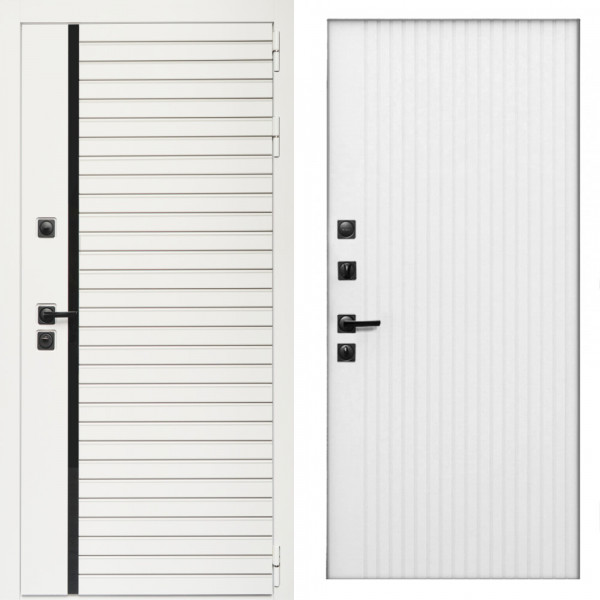 Входная дверь Агата Вайт  (Бел мат, черное стекло) + Вертикаль белый матовый