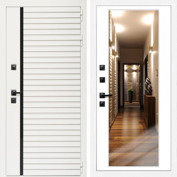 Входная дверь Агата Вайт  (Бел мат, черное стекло) + Зеркало белый софт