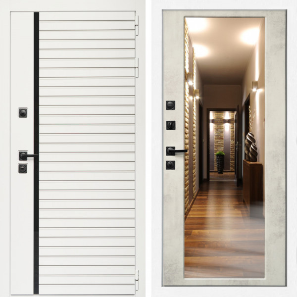 Входная дверь Агата Вайт  (Бел мат, черное стекло) + Зеркало бетон светлый