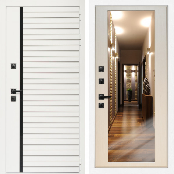 Входная дверь Агата Вайт  (Бел мат, черное стекло) + Зеркало эко дуб