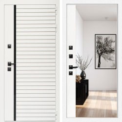 Входная дверь Агата Вайт  (Бел мат, черное стекло) + Зеркало панорама Белый софт