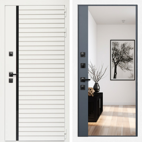 Входная дверь Агата Вайт  (Бел мат, черное стекло) + Зеркало панорама Графит