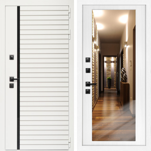 Входная дверь Агата Вайт  (Бел мат, черное стекло) + Зеркало сандал белый