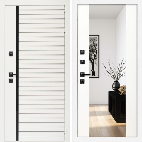 Входная дверь Агата Вайт  (Бел мат, черное стекло) + Зеркало сб-16 белый матовый