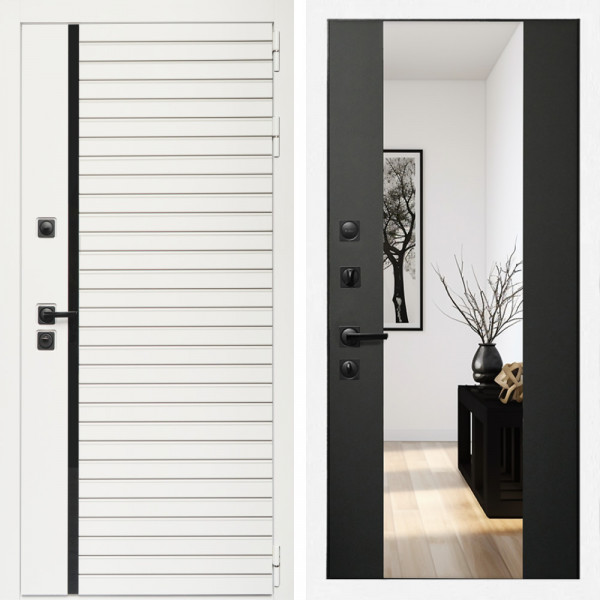 Входная дверь Агата Вайт  (Бел мат, черное стекло) + Зеркало сб-16 черный кварц