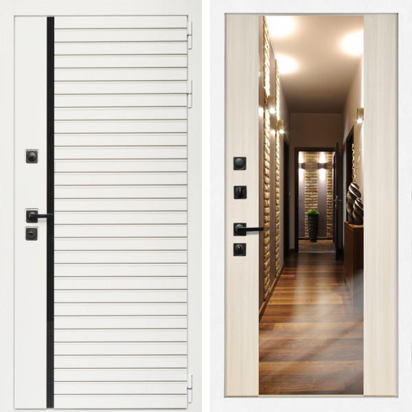 Входная дверь Агата Вайт  (Бел мат, черное стекло) + Зеркало СБ-16 сандал белый