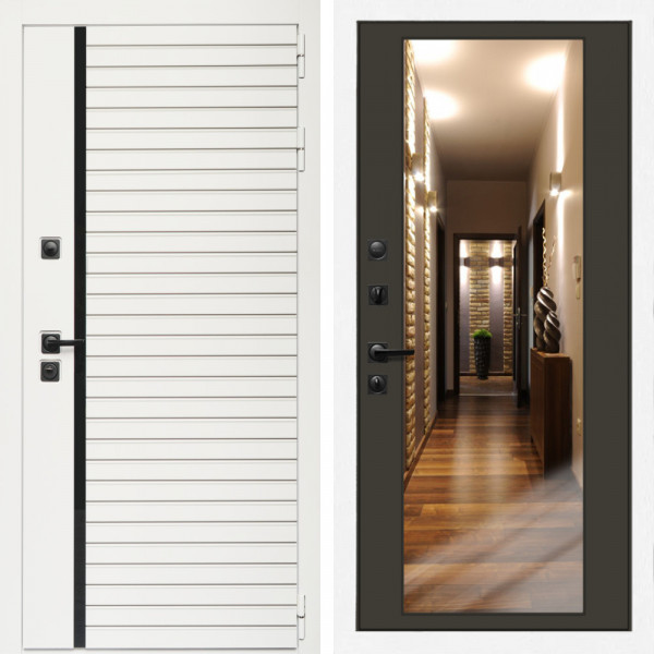 Входная дверь Агата Вайт  (Бел мат, черное стекло) + Зеркало венге