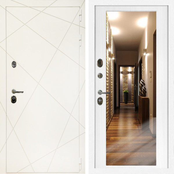 Входная дверь Эстет Белый Мат + Зеркало беленый дуб