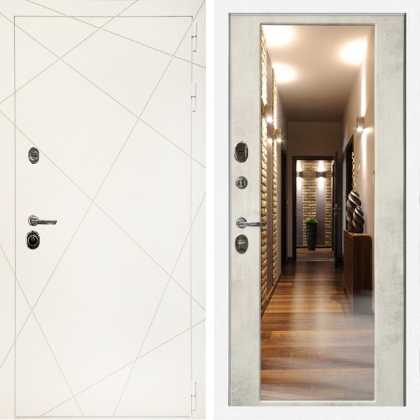 Входная дверь Эстет Белый Мат + Зеркало бетон светлый