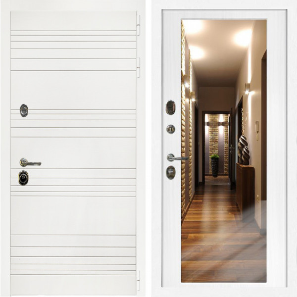 Входная дверь Гранд Белый Мат + Зеркало беленый дуб