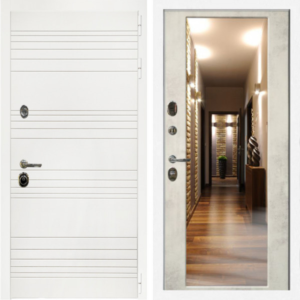 Входная дверь Гранд Белый Мат + Зеркало бетон светлый