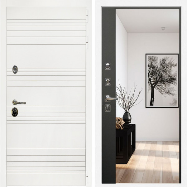 Входная дверь Гранд Белый Мат + Зеркало панорама Черный кварц