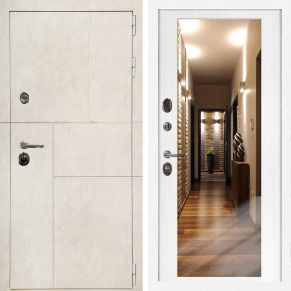 Входная дверь Лофт Бетон Светлый + Зеркало беленый дуб