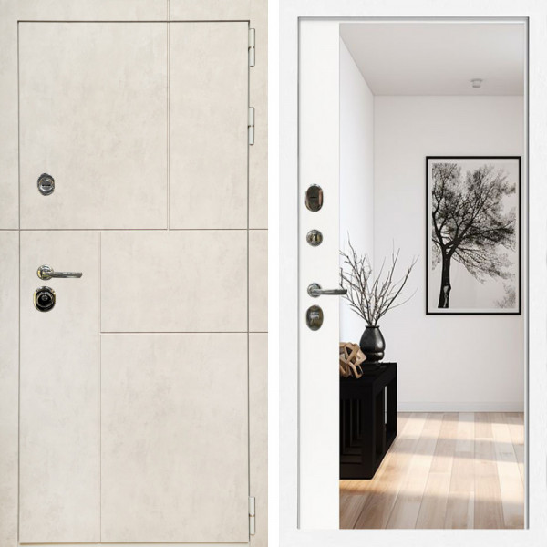 Входная дверь Лофт Бетон Светлый + Зеркало панорама Белый софт