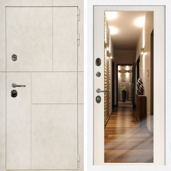 Входная дверь Лофт Бетон Светлый + Зеркало сандал белый