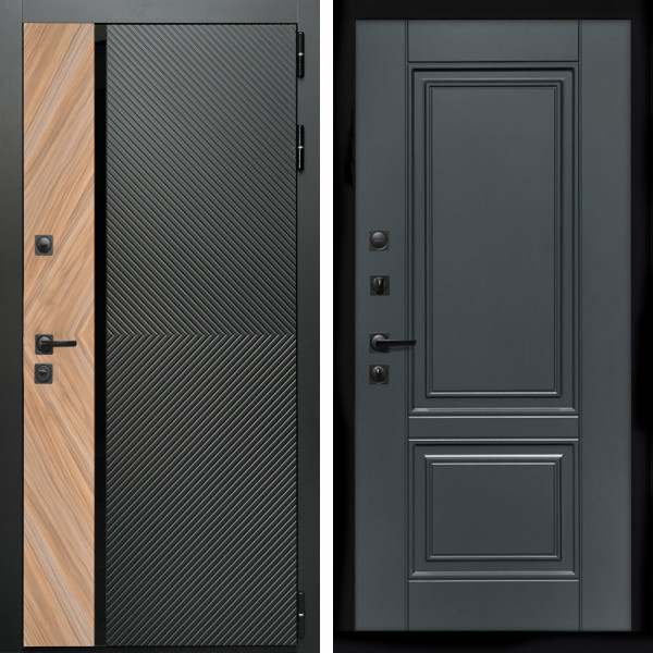 Входная дверь Оникс с стеклянной черной вставкой + ФЛ-117 с полосками графит