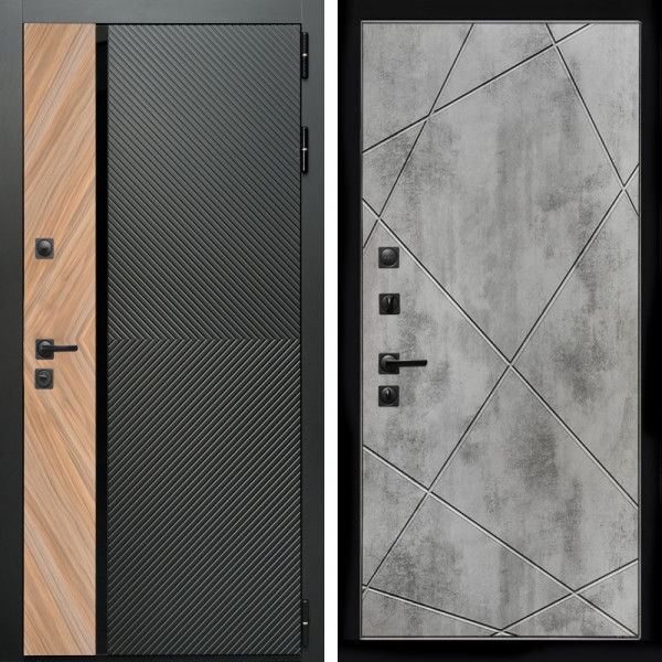Входная дверь Оникс с стеклянной черной вставкой + Лучи бетон светлый