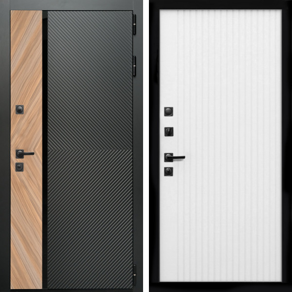 Входная дверь Оникс с стеклянной черной вставкой + Вертикаль белый матовый