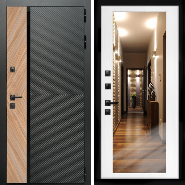 Входная дверь Оникс с стеклянной черной вставкой + Зеркало беленый дуб