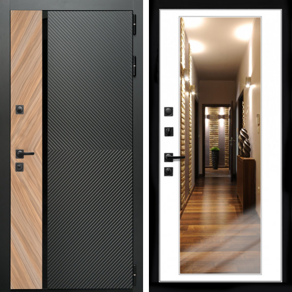 Входная дверь Оникс с стеклянной черной вставкой + Зеркало белый софт