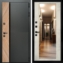 Входная дверь Оникс с стеклянной черной вставкой + Зеркало бетон светлый