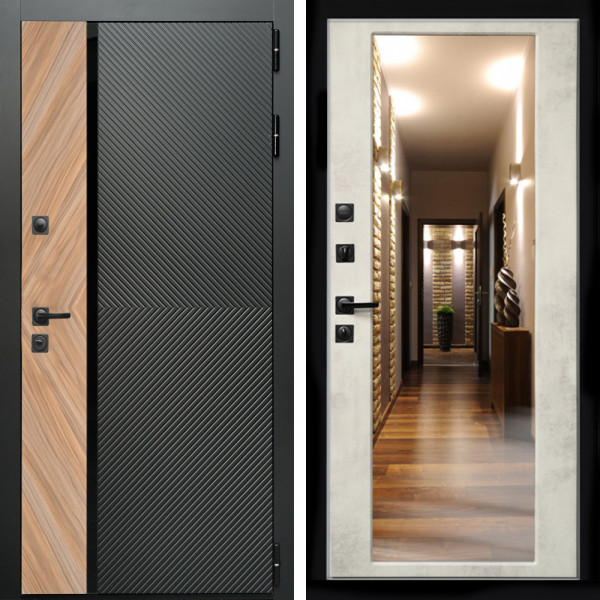 Входная дверь Оникс с стеклянной черной вставкой + Зеркало бетон светлый