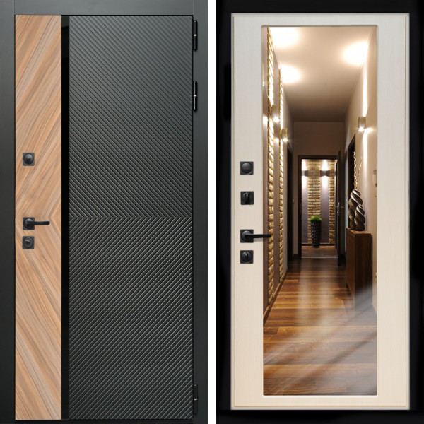 Входная дверь Оникс с стеклянной черной вставкой + Зеркало эко дуб