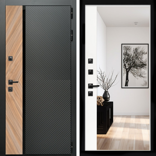 Входная дверь Оникс с стеклянной черной вставкой + Зеркало панорама Белый софт