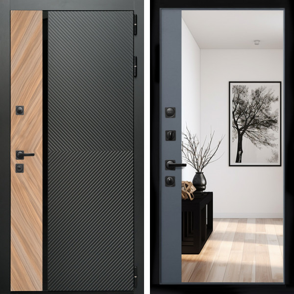 Входная дверь Оникс с стеклянной черной вставкой + Зеркало панорама Графит