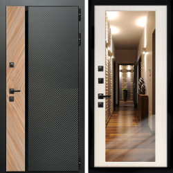 Входная дверь Оникс с стеклянной черной вставкой + Зеркало сандал белый