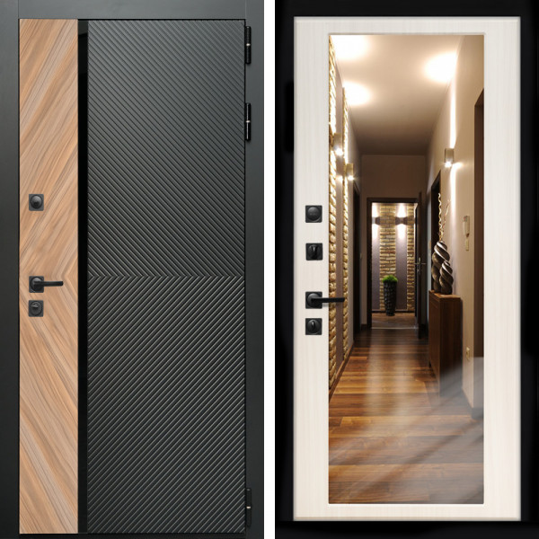 Входная дверь Оникс с стеклянной черной вставкой + Зеркало сандал белый