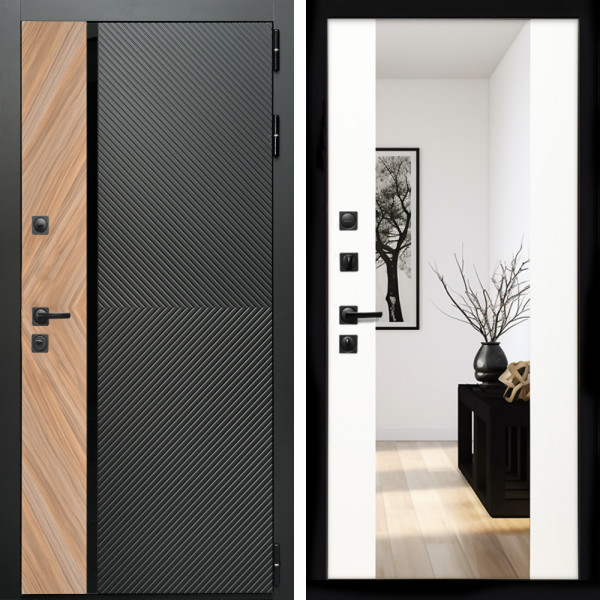 Входная дверь Оникс с стеклянной черной вставкой + Зеркало сб-16 белый матовый