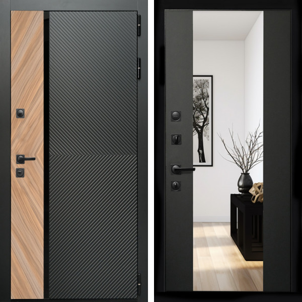 Входная дверь Оникс с стеклянной черной вставкой + Зеркало сб-16 черный кварц