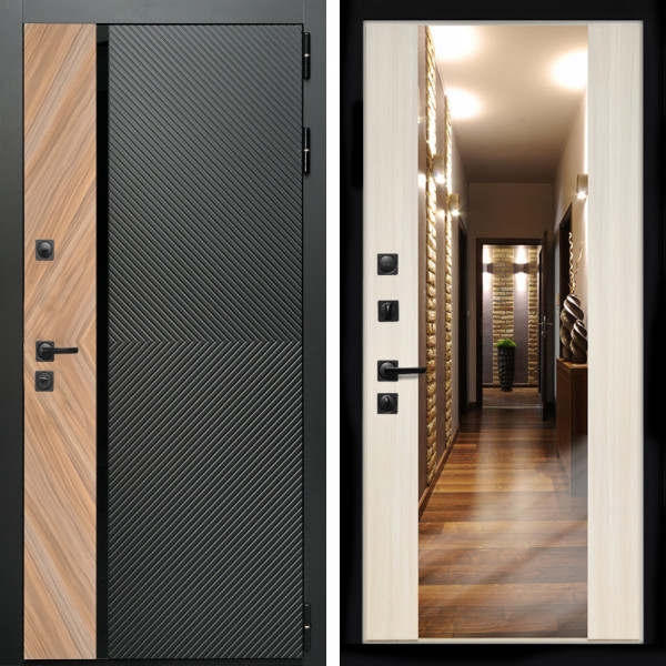 Входная дверь Оникс с стеклянной черной вставкой + Зеркало СБ-16 сандал белый