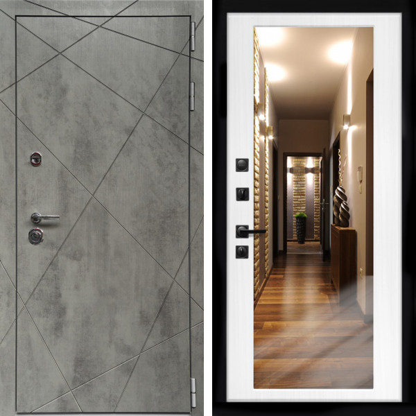 Входная дверь Премиум Бетон Темный + Зеркало беленый дуб