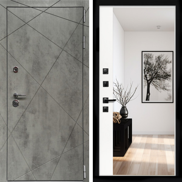 Входная дверь Премиум Бетон Темный + Зеркало панорама Белый софт