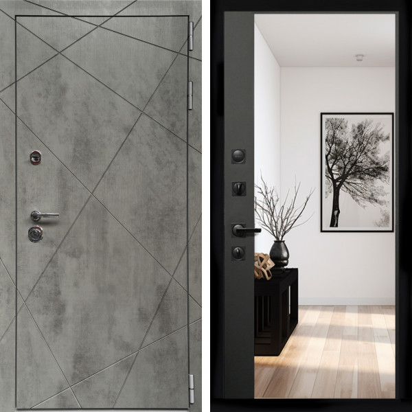 Входная дверь Премиум Бетон Темный + Зеркало панорама Черный кварц