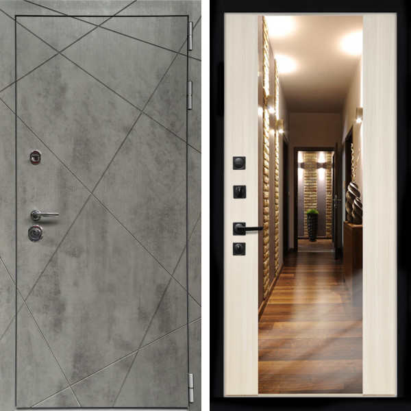 Входная дверь Премиум Бетон Темный + Зеркало СБ-16 сандал белый